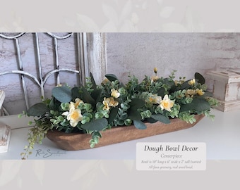 Dough Bowl Decor Centerpiece | Faux Summer Eucalyptus Arrangement | Rustic Wood Bowl Yellow Flowers Lifelike Farmhouse Home Mothers Day Gift