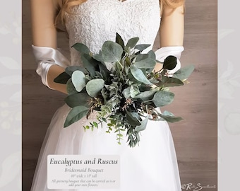 Eucalyptus & Ruscus Wedding Flowers | Bridesmaid Bouquet XL Bridal Cascade Bouquet Bride Flowers Farmhouse Wedding Gift Boho Wedding Decor