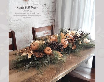 Rustic Fall Decor Centerpiece | Faux Pine and Pumpkin Arrangement | Rustic Wood Florals Lifelike Hosting Farmhouse Home Thanksgiving Table