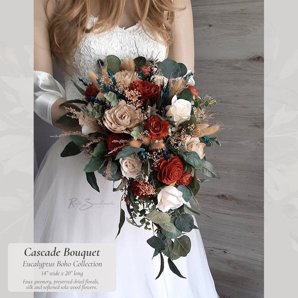 Eucalyptus Boho Wedding Flowers | Champagne Terracotta Silk and Sola Wood Bridal Cascade Bouquet Bride Bridesmaid Groom Groomsmen Florals