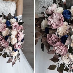 Rose Gold, Light Vintage Mauve, Navy Cottage Rose Sola Flower Bridal Cluster Cascade Bouquet ~ Sola Flower Bouquet