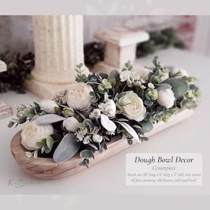 Dough Bowl Decor Centerpiece | Faux Eucalyptus Lamb&#39;s Ear Silk Flower Arrangement | Rustic Wood Bowl Lifelike Hosting Farmhouse Home Gift