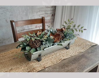 Metal Tray Decor Centerpiece | Faux Greenery Wooden Accents Arrangement | Rustic Galvanized Bowl Lifelike Hosting Farmhouse Home Gift