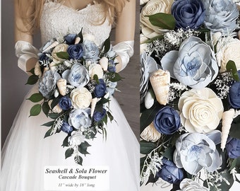 Seashell & Sola Flower Bouquet, Slate Blue, Dusty Blue, Navy and Sola Flowers with Seashells, Bridal Cascade, Bridesmaid Bouquets and Toss