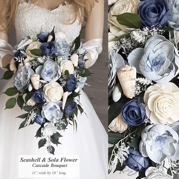 Seashell & Sola Flower Bouquet, Slate Blue, Dusty Blue, Navy and Sola Flowers with Seashells, Bridal Cascade, Bridesmaid Bouquets and Toss