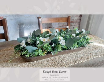Dough Bowl Decor Centerpiece | Faux Summer Eucalyptus Arrangement | Rustic Wood Bowl White Flower Lifelike Farmhouse Home Mothers Day Gift