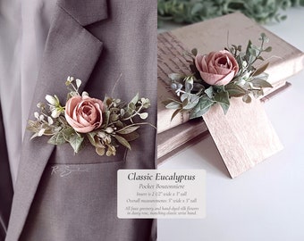 Classic Eucalyptus Wedding Flowers | Dusty Rose Pocket Boutonniere Bridal Bouquet Bridesmaid Flowers Wood  Groom Groomsmen Greenery Decor