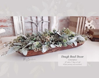 Dough Bowl Decor Centerpiece | Faux Lamb's Ear Succulents Arrangement | Rustic Wood Bowl Lifelike Hosting Farmhouse Home Mother's Day Gift