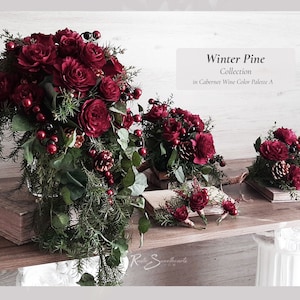 Winter Pine Wedding Flowers in Cabernet Wine | Farmhouse Christmas Bridal Cascade Bouquet Red Berry Pinecone Bridesmaid Boutonniere Decor