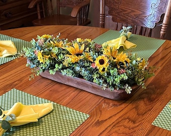 Dough Bowl Decor Centerpiece | Faux Summer Sunflower Arrangement | Rustic Wood Yellow Pink Flower Lifelike Farmhouse Home Mothers Day Gift