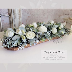 Dough Bowl Decor Centerpiece | Faux Eucalyptus Lamb&#39;s Ear Silk Flower Arrangement | Rustic Wood Bowl Lifelike Hosting Farmhouse Home Gift