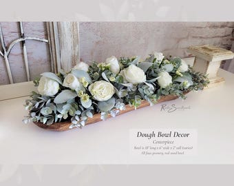 Dough Bowl Decor Centerpiece | Faux Eucalyptus Lamb's Ear Silk Flower Arrangement | Rustic Wood Bowl Lifelike Hosting Farmhouse Home Gift