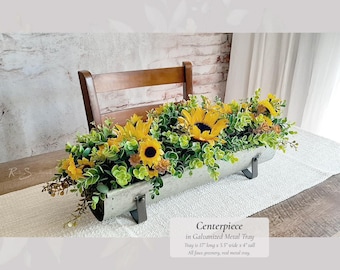 Metal Tray Decor Centerpiece | Faux Summer Sunflower Arrangement | Galvanized Yellow Pink Flower Lifelike Farmhouse Home Mothers Day Gift