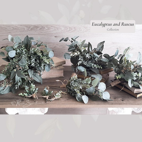 Eucalyptus & Ruscus Wedding Flowers | Bridal Cascade Bouquet Bride Bouquet Bridesmaid Flowers Farmhouse Wedding Set Boho Wedding Gift Decor