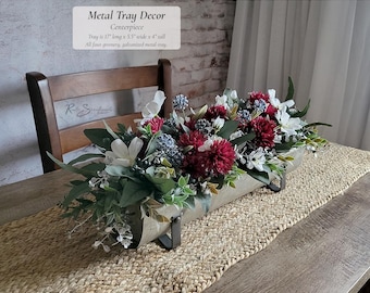 Metal Tray Decor Centerpiece - Faux Greenery Red White and Blue Arrangement - Rustic Galvanized Bowl July 4th Patriotic Farmhouse Home Gift