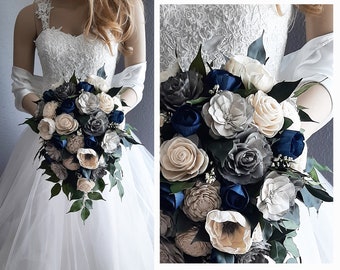 Sola Flower Bouquet, Gray, Navy and Natural Sola Flowers, Bridal Cascade, Rounds and Toss