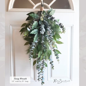 Eucalyptus Swag Teardrop Hanging Door Wreath | Pine, Eucalyptus | High Quality Faux Decor