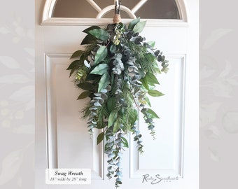 Eucalyptus Swag Teardrop Hanging Door Wreath | Pine, Eucalyptus | High Quality Faux Decor