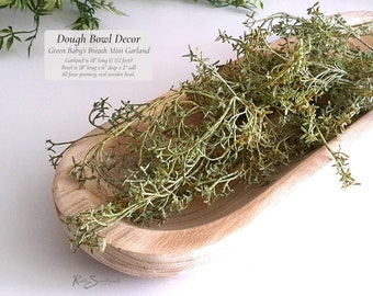 Dough Bowl Decor Greenery | Faux Green Baby's Breath 1.5' Mini Garland Filler | Light Raw Wood Bowl Lifelike Hosting Farmhouse Table Gift