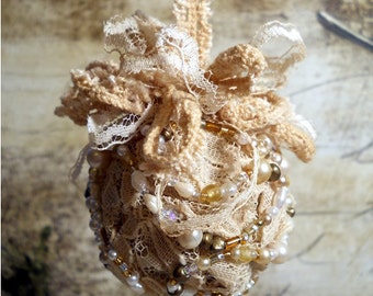 FREE SHIPPING, Vintage Christmas Ornament handmade of vintage lace and pearls.