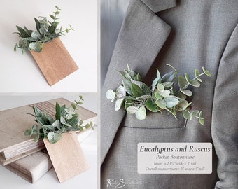 Eucalyptus & Ruscus Wedding Flowers | Wood Pocket Boutonniere Groom Groomsmen Greenery Decor Bride Bouquet Bridesmaid Flowers Farmhouse Gift