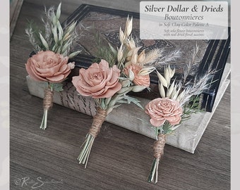 Silver Dollar & Drieds Collection Boutonnieres in the Soft Clay Color Palette A made with artificial Greenery, Drieds, and Sola Wood Flowers