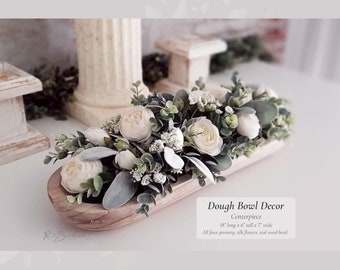 Dough Bowl Decor Centerpiece | Faux Eucalyptus Lamb's Ear Silk Flower Arrangement | Rustic Wood Bowl Lifelike Hosting Farmhouse Home Gift