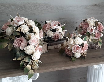 Cottage Rose Collection in Light Dusty Rose, Ivory, and Metallic Gold accents. Made with artificial Greenery and Soft Sola Wood Flowers