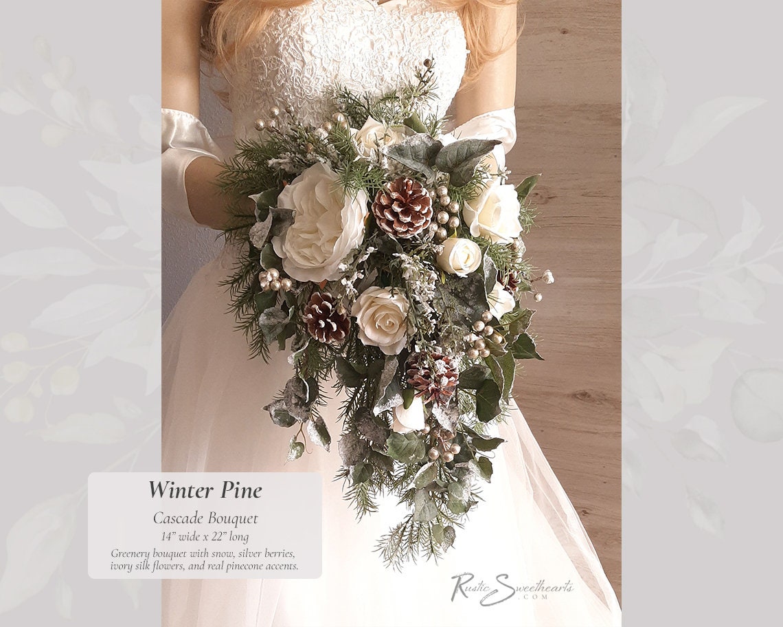 Winter Pine Wedding Flowers in Ivory | Cake Flowers Farmhouse Christmas Silver Berry Pinecone Bridesmaid Bout Decor Bridal Cascade Bouquet