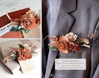 Wooden Pocket Boutonniere | Autumn Terracotta Wedding Flowers Soft Sola Boutonniere Fall Groom Groomsmen Best Man Pocket Square Bout