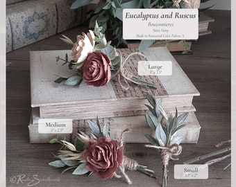 Eucalyptus & Ruscus Wedding Flowers | Rosewood Taupe Sola Wood Bridal Cascade Bouquet Farmhouse Bridesmaid Groom Groomsmen Gift Boho Decor