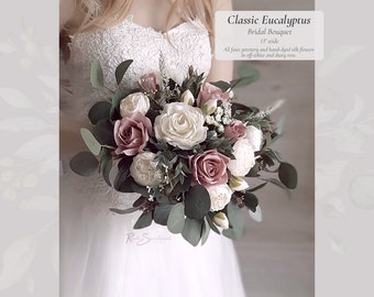 Classic Eucalyptus Wedding Flowers | Dusty Rose Bridal Bouquet Bridesmaid Flowers Wood Pocket Boutonniere Groom Groomsmen Greenery Decor
