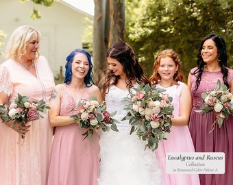 Eucalyptus & Ruscus Wedding Flowers | Rosewood Taupe Champagne Sola Wood Bridal Cascade Bouquet Farmhouse Bridesmaid Groom Groomsmen