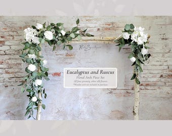 Eucalyptus and Ruscus Wedding Flowers - White Hydrangea and Rose - Arch Arbor Decor Faux Florals Bridal Bridesmaid Bouquet Cascade Groom