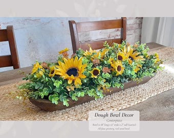 Dough Bowl Decor Centerpiece | Faux Summer Sunflower Arrangement | Rustic Wood Yellow Pink Flower Lifelike Farmhouse Home Mothers Day Gift