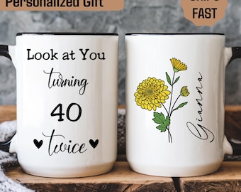 Custom 80th Birthday Mug with Name, Personalized 80th Birthday Gifts for Her, Birthday Gift for 80 Year Old,  Custom Birthflower Coffee Mug