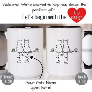 May include: White ceramic mug with a black rim and handle. The mug features a black line drawing of two cats sitting side-by-side, with the names "Laki" and "Nala" below. The text "Your Pets Name goes here!" is also present.