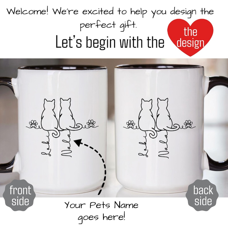 May include: White ceramic mug with a black rim and handle. The mug features a black line drawing of two cats sitting side-by-side, with the names "Laki" and "Nala" below. The text "Your Pets Name goes here!" is also present.