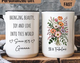 Personalized 50th Birthday Mug with Name, Custom 50th Birthday Gifts for Women, Birthday Gift for 50 Year Old, Floral Mug, Wife Mom Gift