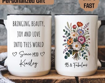 Personalized 95th Birthday Mug with Name, Custom 95th Birthday Gifts for Grandma, Birthday Gift for 95 Year Old, Floral Mug, Gigi Mimi Gift