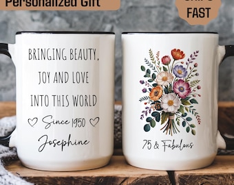 Personalized 75th Birthday Mug with Name, Custom 75th Birthday Gifts for Grandma, Birthday Gift for 75 Year Old, Floral Mug, Gigi Mimi Gift