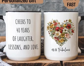 Personalized 40th Birthday Mug with Text, Custom 40th Birthday Gifts for Her, Birthday Gift for 40 Year Old,  Floral Coffee Mug, Wife Gift