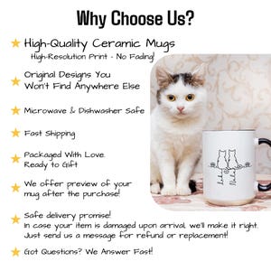 May include: A white ceramic mug with a black handle and rim, featuring a cat silhouette design and the text "Lady Nala". The image also includes a white and black cat and text that reads "Why Choose Us?"