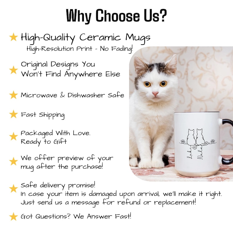 May include: A white ceramic mug with a black handle and rim, featuring a cat silhouette design and the text "Lady Nala". The image also includes a white and black cat and text that reads "Why Choose Us?"