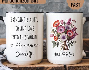 Personalized 40th Birthday Mug with Name, Custom 40th Birthday Gifts for Women, Birthday Gift for 40 Year Old, Floral Mug, Wife Mom Gift