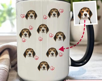 May include: White ceramic mug with a black handle and rim, adorned with beagle faces and red heart graphics. A small photo of a beagle is shown on the side. The text "personalized gift" is at the bottom.