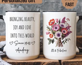 Personalized 85th Birthday Mug with Name, Custom 85th Birthday Gifts for Grandma, Birthday Gift for 85 Year Old, Floral Mug, Gigi Mimi Gift