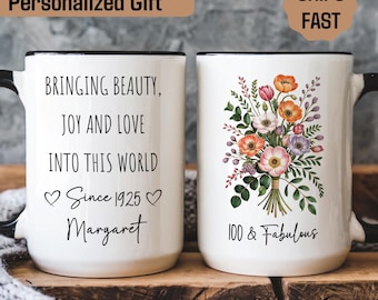 Personalized 100th Birthday Mug with Name, Custom 100th Birthday Gifts for Her, Birthday Gift for 100 Year Old, Floral Mug, Gigi Mimi Gift