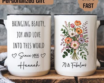 Personalized 70th Birthday Mug with Name, Custom 70th Birthday Gifts for Grandma, Birthday Gift for 70 Year Old, Floral Mug, Gigi Mimi Gift