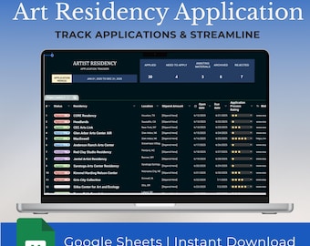 Monitoraggio della residenza artistica in modalità scura: Google Sheets Planner (download digitale)